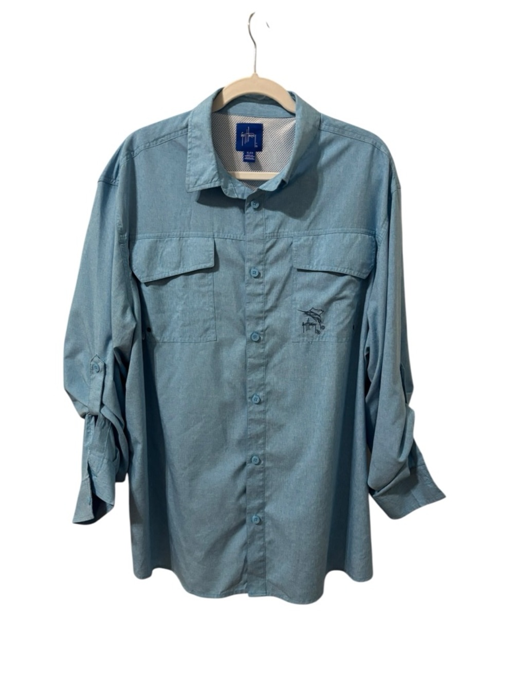 Guy Harvey  Men's Heathered Light Blue Long-Sleeve Button-Up Fishing Shirt XL